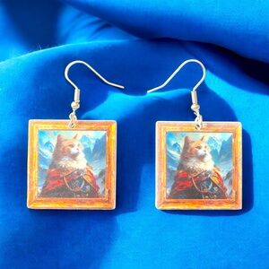 Cute Cat Oil Painting Style Light Weight Thin Acrylic Print Earrings Nickel-Free